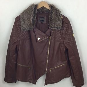 GOOGI Vintage Faux Leather Jacket With Removable Fur Collar